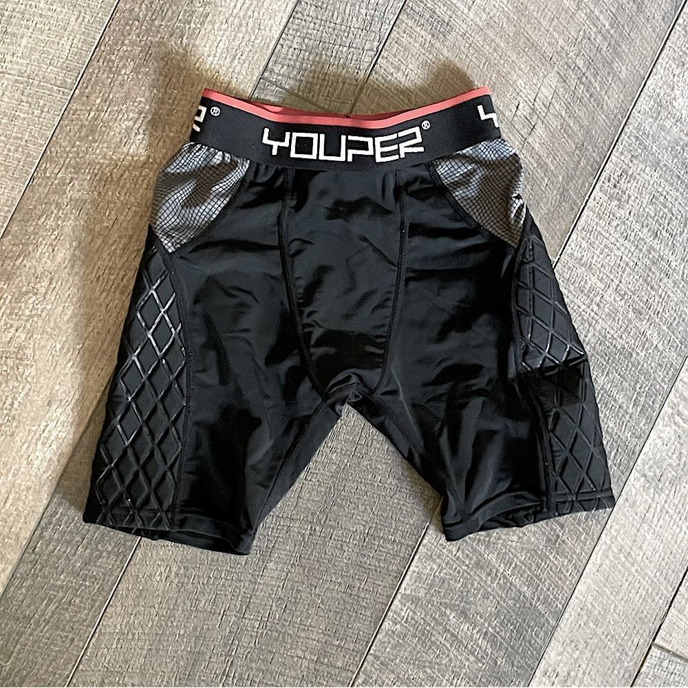 New! Youper Youth Elite Padded, Compression Sliding Pants, Black and Gray. Small